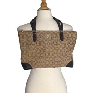 Coach Signature Jacquard Zip Tote Bag Khaki Brown Leather Accents Fabric Lining